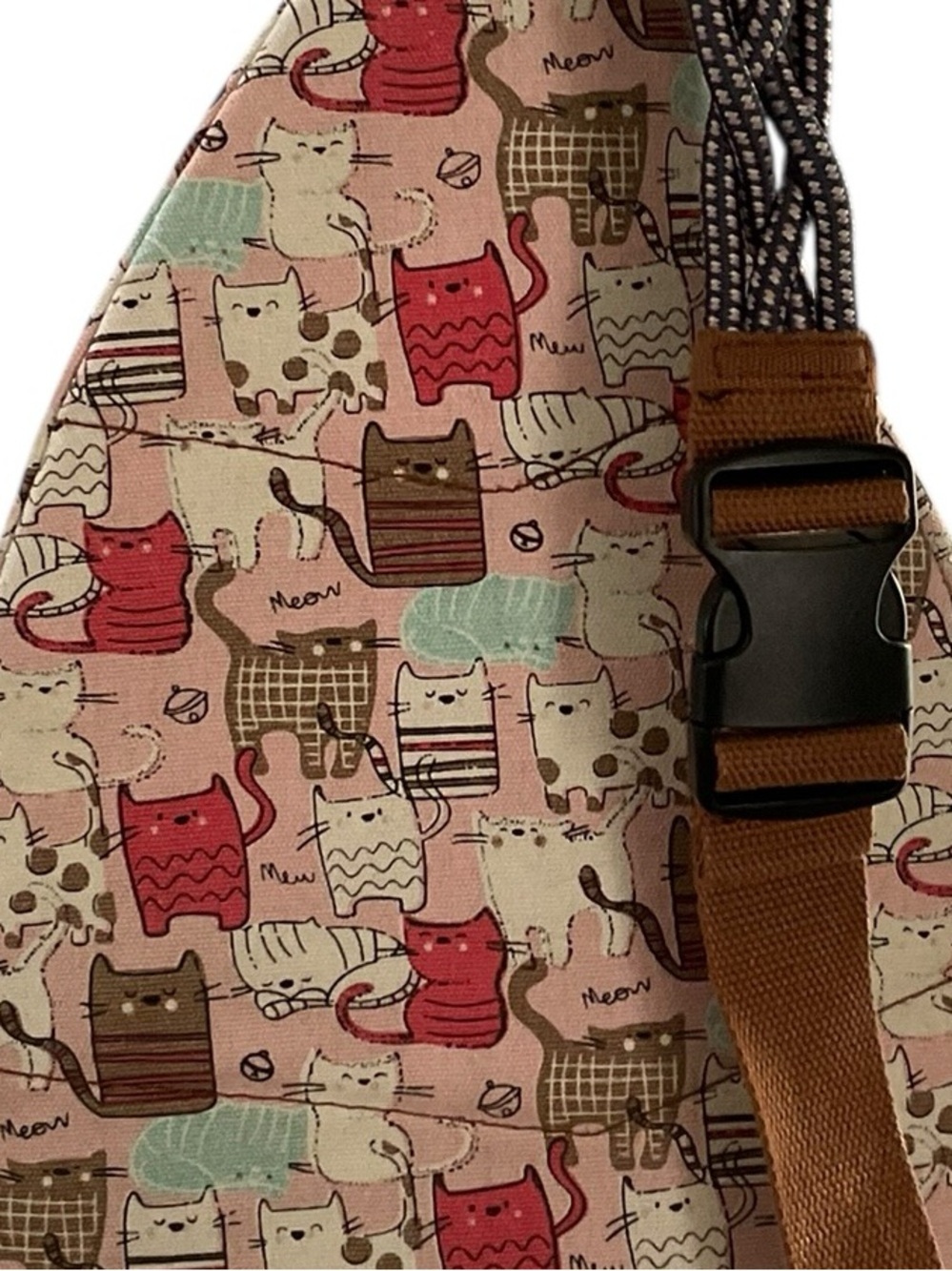 UNIONBAY Cat Print Sling Backpack in Pink, Brown, and Mint - Picture 4 of 12